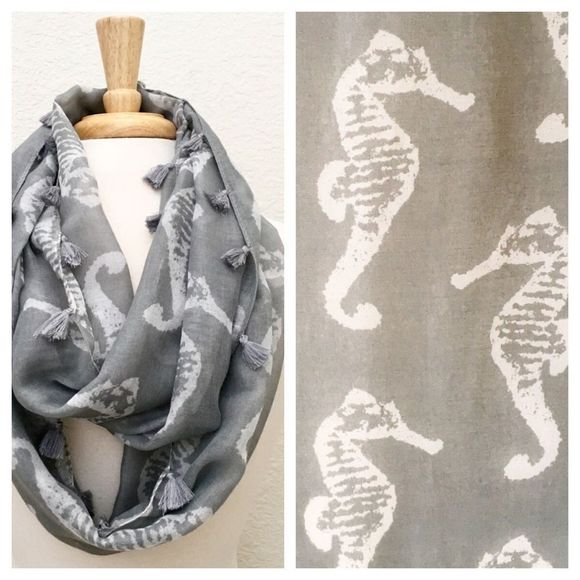 Seahorse Print Tassel Trimmed Lightweight Gray Infinity Scarf NWT - Picture 1 of 5